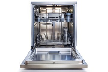 Open door dishwasher on white background with leading lines