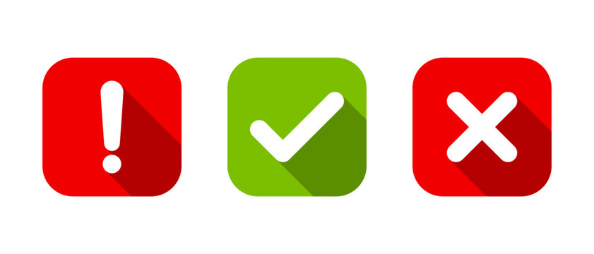 Exclamation mark, tick, and cross icon on square background. Warning, checkmark, and x symbol with long shadow