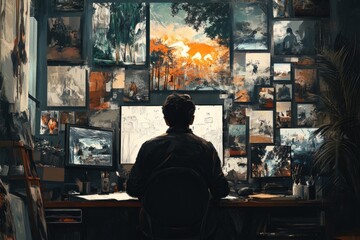 A man sits at a desk in front of a computer, surrounded by framed artwork and looking at a digital image.