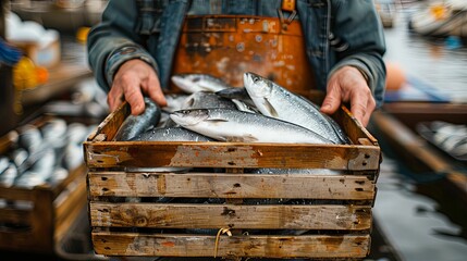 Fisherman Holding a Crate of Freshly Caught Salmon