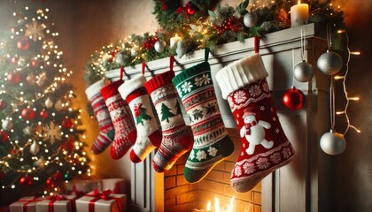 a close-up of Christmas stockings hanging from a decorated fireplace mantel.