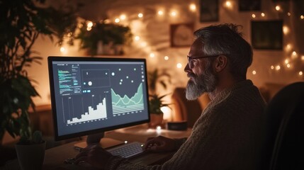 Entrepreneur reviewing AI-driven graphs on sleek monitor, cozy modern office, synergy of human decision and AI