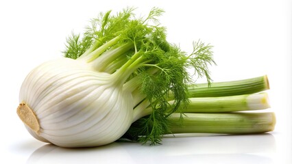 Fresh fennel bulb isolated on white background low angle view