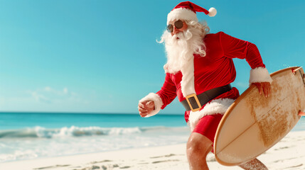 Santa Claus surfing on tropical beach with surfboard and sunglasses.