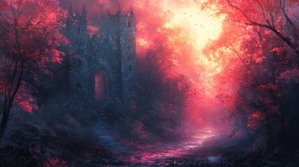 An ancient stone tower with a large archway stands at the end of a path leading through a misty forest. The forest is ablaze with crimson foliage, illuminated by a setting sun.