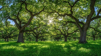 Fototapeta premium Lush Green Canopy of Tall Trees in Sunlight
