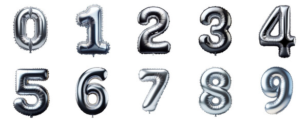 3D Render of black silver inflatable foil baloons set. Bright party decoration figures. silver numbers isolated on white background.	