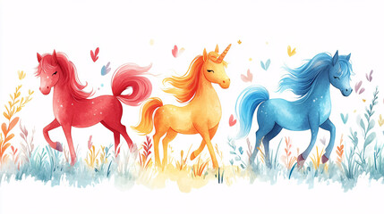 Graphic drawing of magical and cheerful horse characters, perfect for a children's book illustration