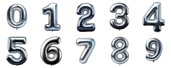 3D Render of black silver inflatable foil baloons set. Bright party decoration figures. silver numbers isolated on white background.	