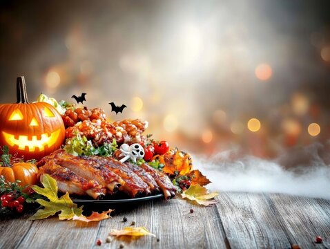 Family gathered for a spooky BBQ with skeleton ribs bat-shaped hot dogs
