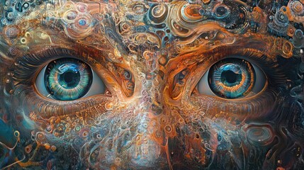 Close up of a pair of blue eyes surrounded by colorful abstract swirls.