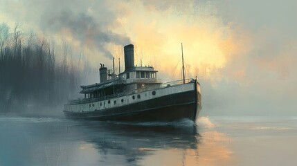 Vintage Steamship Navigating Through Foggy River at Sunset