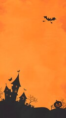 Halloween background with black silhouette of a witch flying on a broom, a haunted house, and pumpkins over an orange sky.