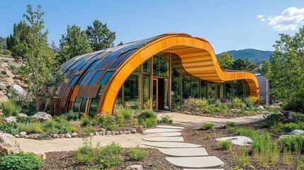Fototapeta premium A modern, curved building with a wooden exterior and glass windows, surrounded by a garden with stone paths and lush greenery.