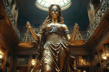 imposing lady justice statue blindfolded and holding scales dramatic chiaroscuro lighting in opulent law office leatherbound books and polished wood