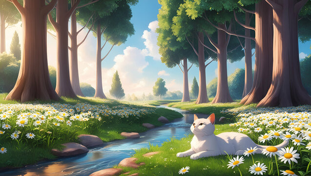 Beneath a brilliant blue sky, a vibrant tapestry of flowers blankets the meadow, their petals swaying gently in the warm breeze. Daisies, tulips, and poppies create a kaleidoscope of colors, inviting 