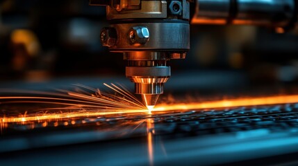 Close-up of a laser cutting machine in operation, creating a bright orange spark as it cuts through a metal sheet.