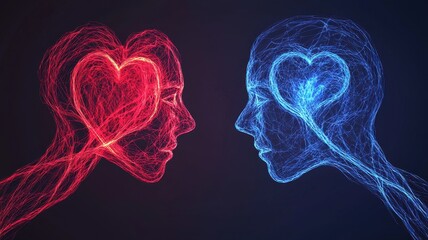 Two human figures in red and blue, with heart shapes at their foreheads, symbolizing love and connection through a digital, glowing design.