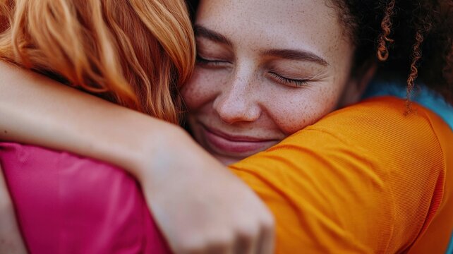 Two friends embrace joyfully, sharing a moment of connection and warmth, with smiles highlighting their affection and support for each other.