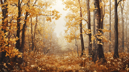A detailed illustration of an autumn forest with leaves turning vibrant shades of yellow and orange