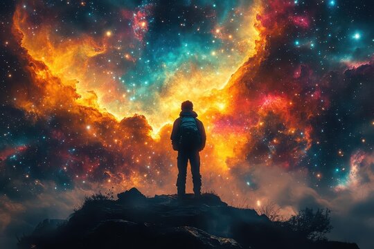individual silhouetted against a cosmic background reaching out toward a nebula encapsulating the essence of freedom hope and spiritual connection in a vast universe