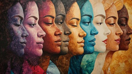 Abstract depiction of women's profiles in various colors, symbolizing diversity, empowerment, and human equality