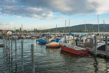 Fototapeta premium Harbor on Lake Constance with moored boats, Bodman-Ludwigshafen, Baden-Wuerttemberg, Germany
