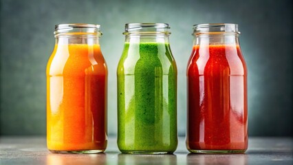 Fresh green orange red smoothies in glass bottles and a glass smoothie reflection