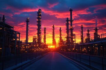 industrial landscape with towering oil refinery structures silhouetted against a dramatic sunset sky vibrant colors reflecting off metallic pipes and equipment showcasing energy production