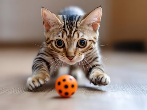 Playful Bengal cat chasing a toy at home, full of energy and curiosity.