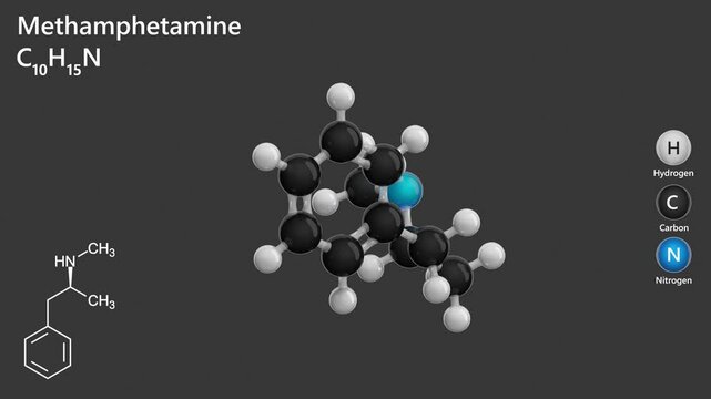 Molecule of Methamphetamine (C10H15N), is a powerful central nervous system stimulant. It appears as a white, odorless crystalline powder or as clear crystals called "ice". Gray back. 3d render