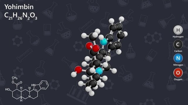 Yohimbine (C21H26N2O3) is an alkaloid derived from the bark of the African tree *Pausinystalia johimbe*. Its used as an aphrodisiac, also in treating erectile dysfunction. Dark back. 3D render