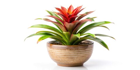 Ornamental Bromeliad plant in white ceramic pot with forced perspective on isolated background