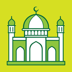 a colorful illustration of a mosque with a mountain in the background, a moon and a mosque