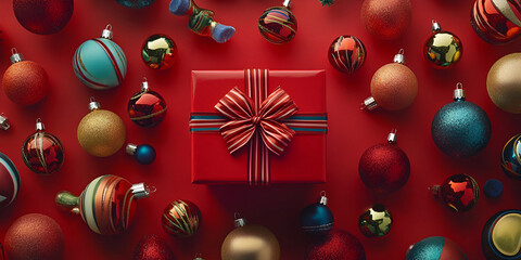 Holiday Extravaganza: Red Gift Box Amidst Festive Ornaments