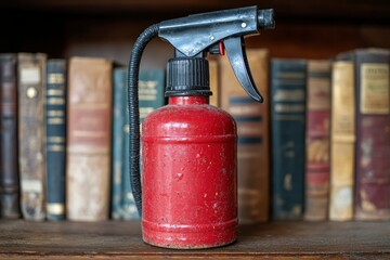Naklejka premium Red Spray Bottle with Black Nozzle on a Wooden Shelf with Books in the Background