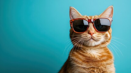 Naklejka premium Ginger cat wearing sunglasses, chill expression, cyan background, copyspace