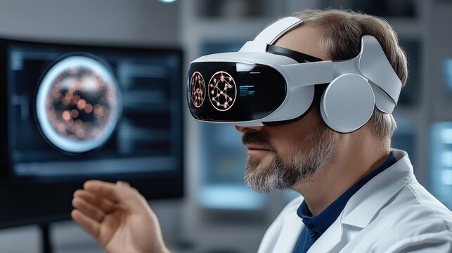 Virtual Reality Doctor: A focused medical professional wearing a VR headset, immersed in a digital realm of scientific data and potential breakthroughs.  