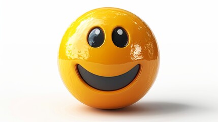 3D Rendering, Glossy Yellow Sphere, Happy Face, Smiley, Cartoon Style, Isolated on White Background