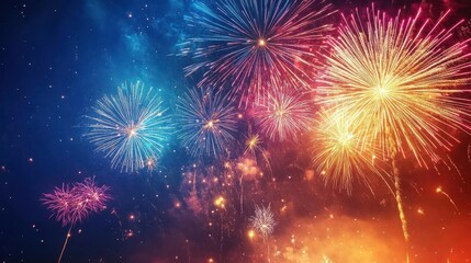 Naklejka premium The fireworks display illuminated the night sky with a burst of vibrant colors, creating a beautiful contrast against the dark horizon.