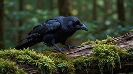 Obraz premium A black raven perched on a moss-covered branch in a forest.