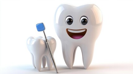 Cute cartoon dentist with dental tools and a tooth, ready for a checkup, isolated on white