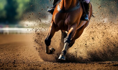 Obraz premium A horse's legs running on a dirt track.