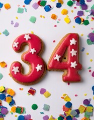 Decorated cookie, number 34, image for birthday or anniversary celebration