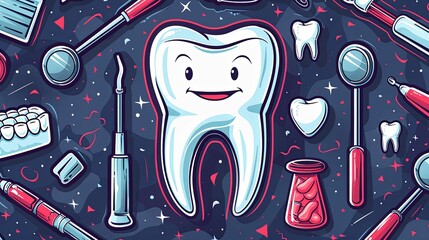 Cartoon Tooth with Dental Tools and Supplies on a Dark Blue Background