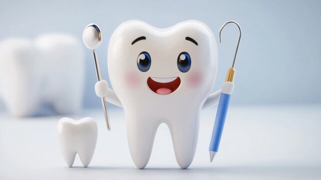 Cute dentist cartoon character with a dental tool and a smiling tooth, isolated on white background