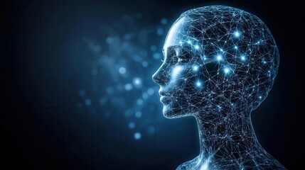 Obraz premium A digital representation of a human head with glowing network connections, symbolizing artificial intelligence and innovation