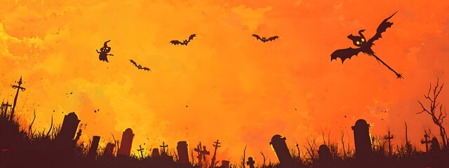 Obraz premium Halloween background with black silhouette of a witch flying on a broom, a haunted house, and pumpkins over an orange sky