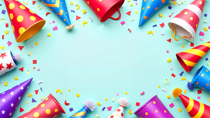  Bright birthday party frame with colorful party hats and confetti on blue background