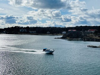 Obraz premium A view of red wooden houses on Donso Archipelago island .
